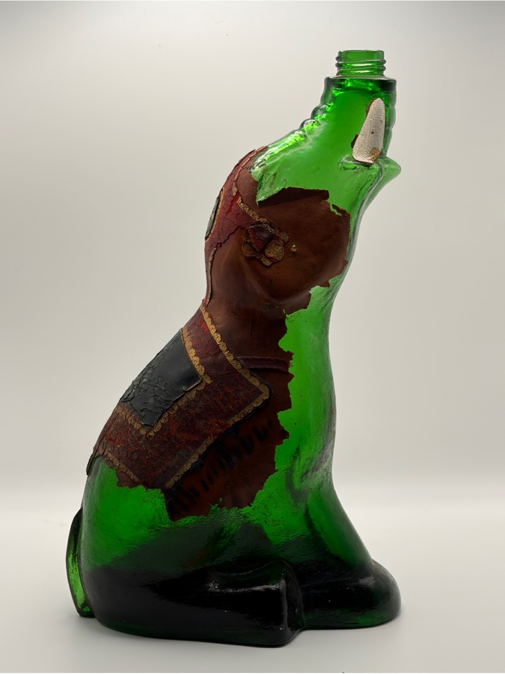 Vintage Green Glass Elephant Decanter with Leather Accents